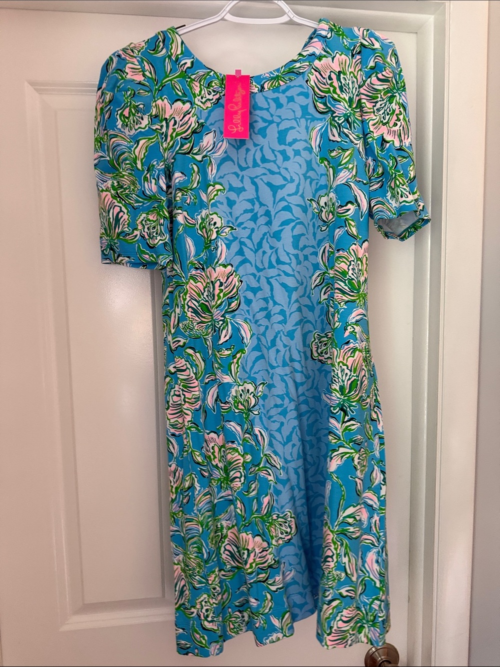 Lilly Pulitzer NWT Turquoise Blue Floral Shift Dress with Pink & Green Accents
